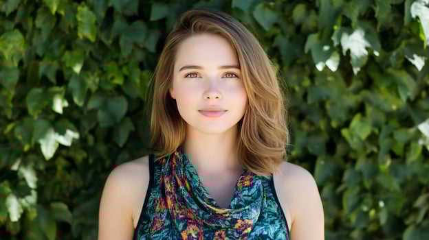 Woman, smiling, green ivy wall, summer, portrait photo