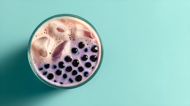 Iced bubble tea showing tapioca pearls in glass on turquoise background photo