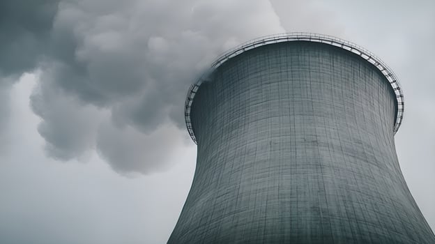 Cooling tower emitting steam into cloudy sky, industrial pollution photo