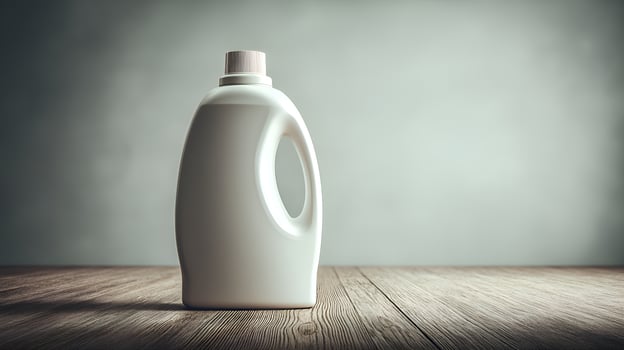 White plastic detergent bottle standing on wooden table photo