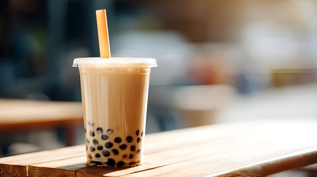 Refreshing bubble tea sitting on a wooden table outdoors photo