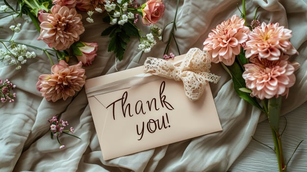 Thank you note surrounded by delicate pink flowers and soft fabric photo