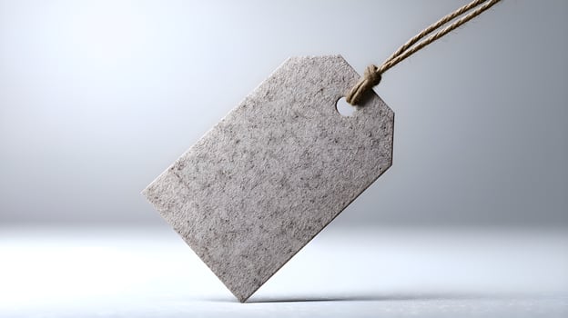 Blank recycled cardboard tag hanging with string on white background photo
