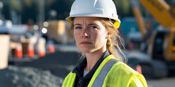 Female construction worker, site overview, focus portrait photo