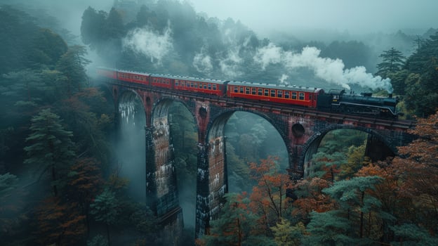 Train crossing stone viaduct through misty forest transportation photo