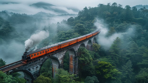 Passenger train traverse historic bridge in misty green landscape photo