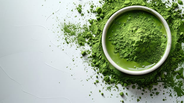 Bright green powder in bowl flat lay on white textured surface photo
