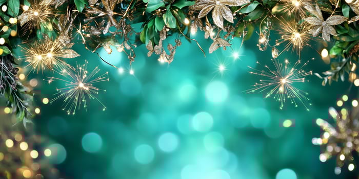 Festive teal bokeh background, gold leaves, sparkles. Holiday card photo