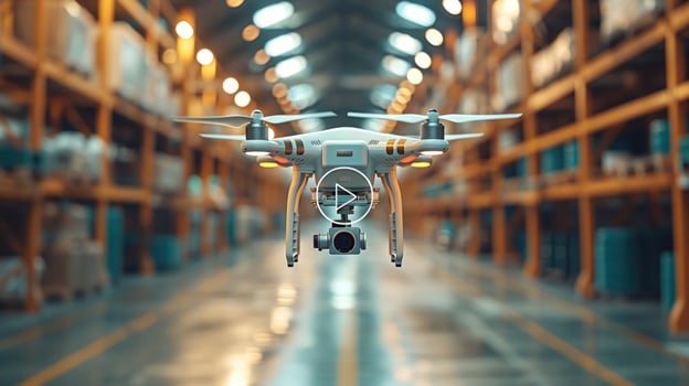 Drone fly through warehouse interior for inventory inspection and delivery photo