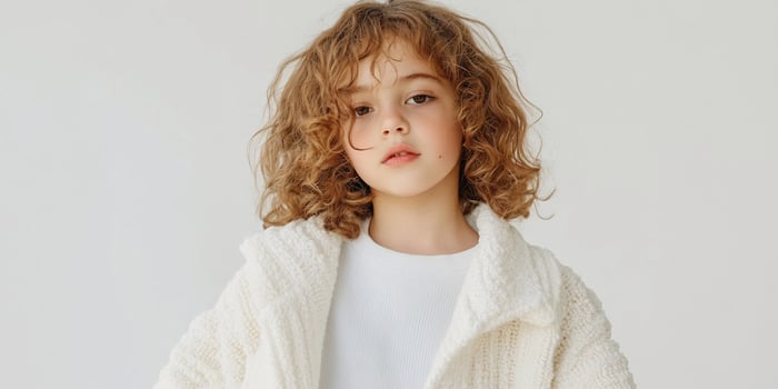 Girl in white coat, studio portrait photo