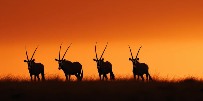 The majestic oryx silhouetted against a vibrant sunset in the African landscape. photo