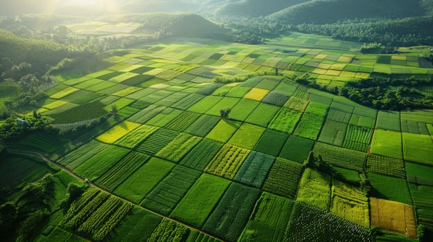 Aerial farm land vista agriculture fields and crop cultivation photo