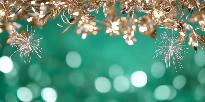 Festive gold garland, teal bokeh background holiday greeting card photo