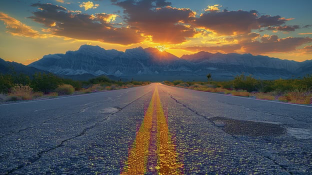 Open highway road to mountain range at sunset photo