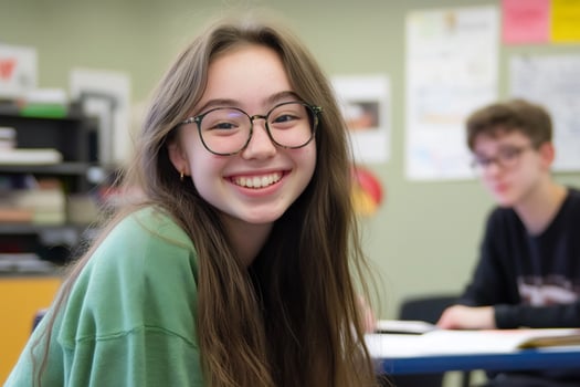 Happy student smiles in classroom, classmate studying. Education, learning photo