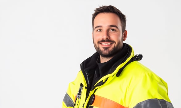Smiling firefighter portrait, studio shot, white background, safety photo