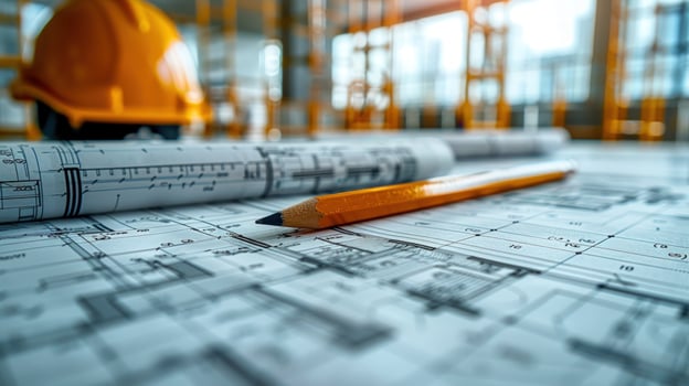 Construction blueprint with hardhat and drafting pencil architecture design photo