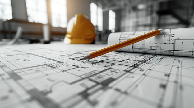 Construction blueprint and yellow pencil on desktop for planning and manufacturing photo