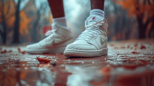 High top sneaker on wet ground with autumn leaves reflecting the light photo