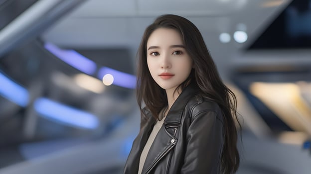 Woman, leather jacket, modern interior, futuristic background, portrait photo