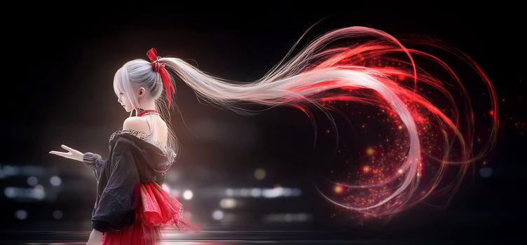 Elegant figure in red dress with flowing hair, set against a blurred urban backdrop photo