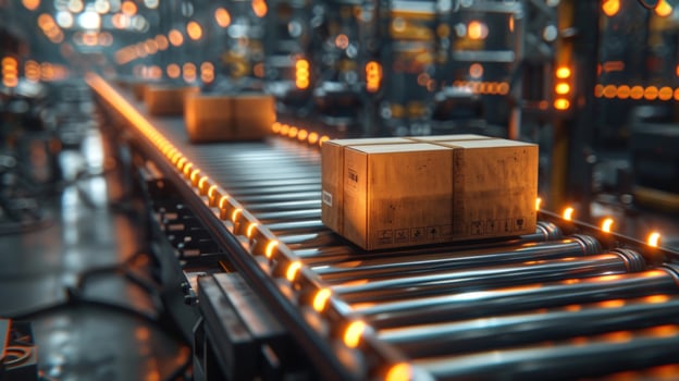 Automated conveyor belt system for package delivery in manufacturing industry photo