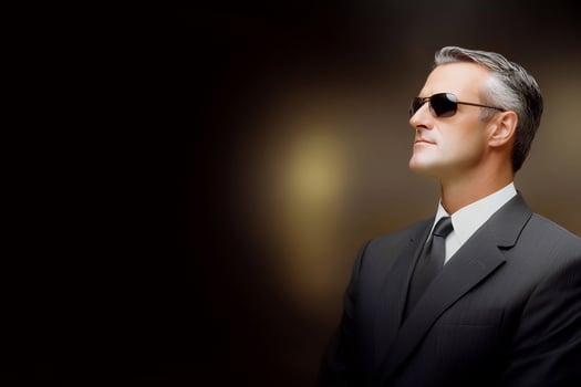 Confident businessman in a suit wearing sunglasses against a dark backdrop photo