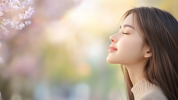 Woman, serene, cherry blossoms, spring, peace, outdoor, calm, beauty, nature, skincare photo