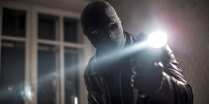 The masked intruder shines a flashlight while aiming a weapon in darkness photo