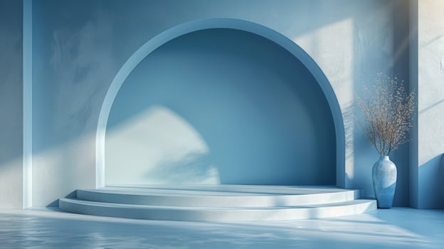 Elegant blue arch interior background with modern vase and sunlight architecture design photo
