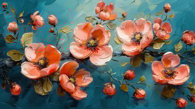 Peach blossom oil painting on turquoise canvas floral art background photo