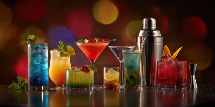 The colorful collection of cocktails showcasing vibrant mixology artistry and refreshing flavors. photo
