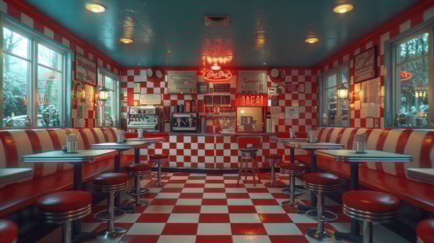 Retro diner interior with checkered floor and seating booths photo