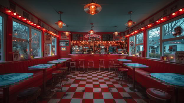 Retro diner interior with red booths and checkerboard floor inviting nostalgic dining experience photo