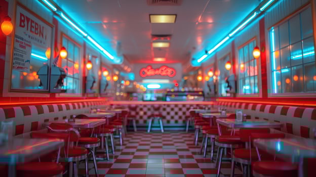 Vibrant diner interior with retro design and checkerboard floor photo