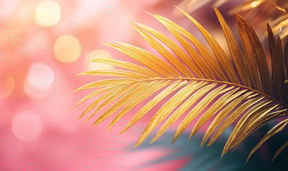 Golden palm leaf, bokeh background, tropical, summer, design photo