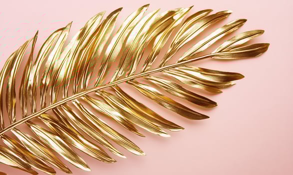 Gold palm leaf on pink background. Minimalist decor photo