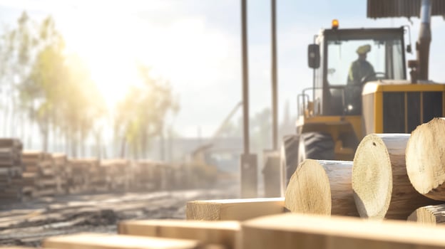 Tractor hauling logs at sawmill photo