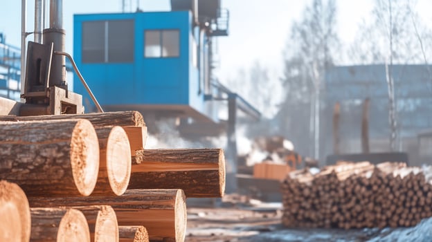Logs stacked at sawmill, winter sunlight photo