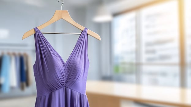 Lavender bridesmaid dress on hanger, boutique background photo