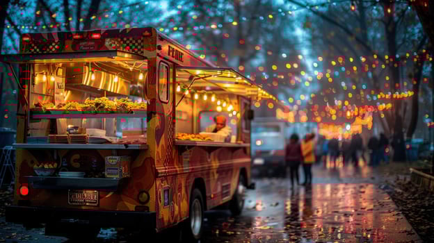 Food truck at night with festive lights offering cuisine photo