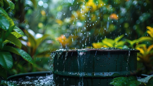 Raindrops falling into container with green plant backdrop outdoor photo
