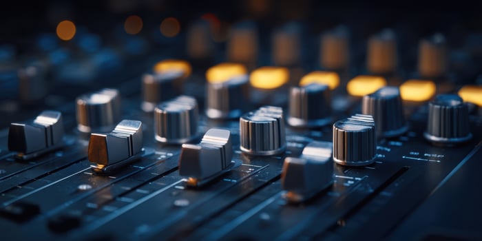 The dynamic mixing console with intricate knobs and vibrant lighting. photo