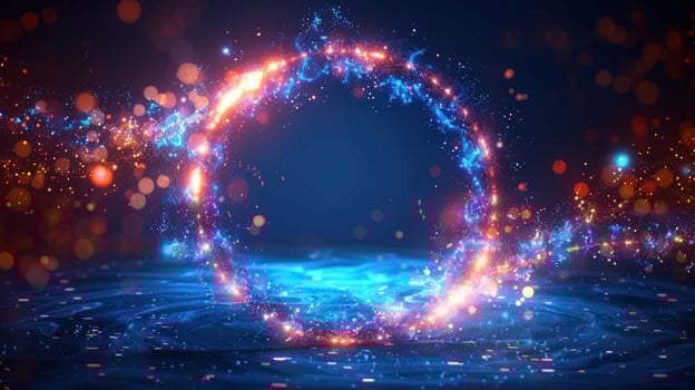 Abstract circular portal with glowing particles and energy waves sci fi background photo