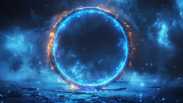 Mystical glowing circle shape with blue and orange hues in dark environment photo