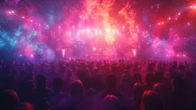 Crowd at vibrant music event enjoying stage show under colorful lights photo
