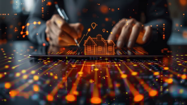 Digital real estate innovation concept with tablet and glowing home illustration photo