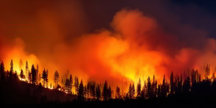The stunning display of wildfire flames engulfing a forest at night. photo