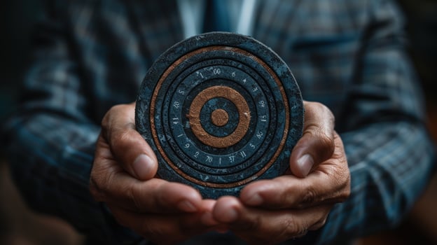 Vintage astrolabe instrument held in hands for time navigation and scientific calculation photo