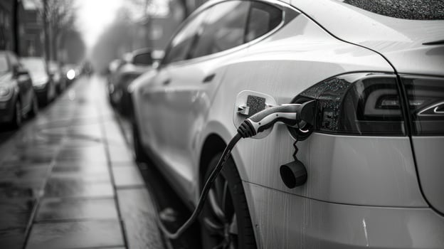 Electric vehicle charging on wet street sustainable urban transportation photo